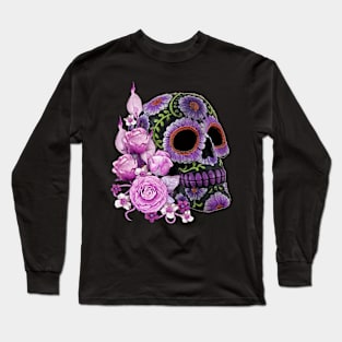 Pink Floral Black Sugar Skull Day Of The Dead Long Sleeve T-Shirt